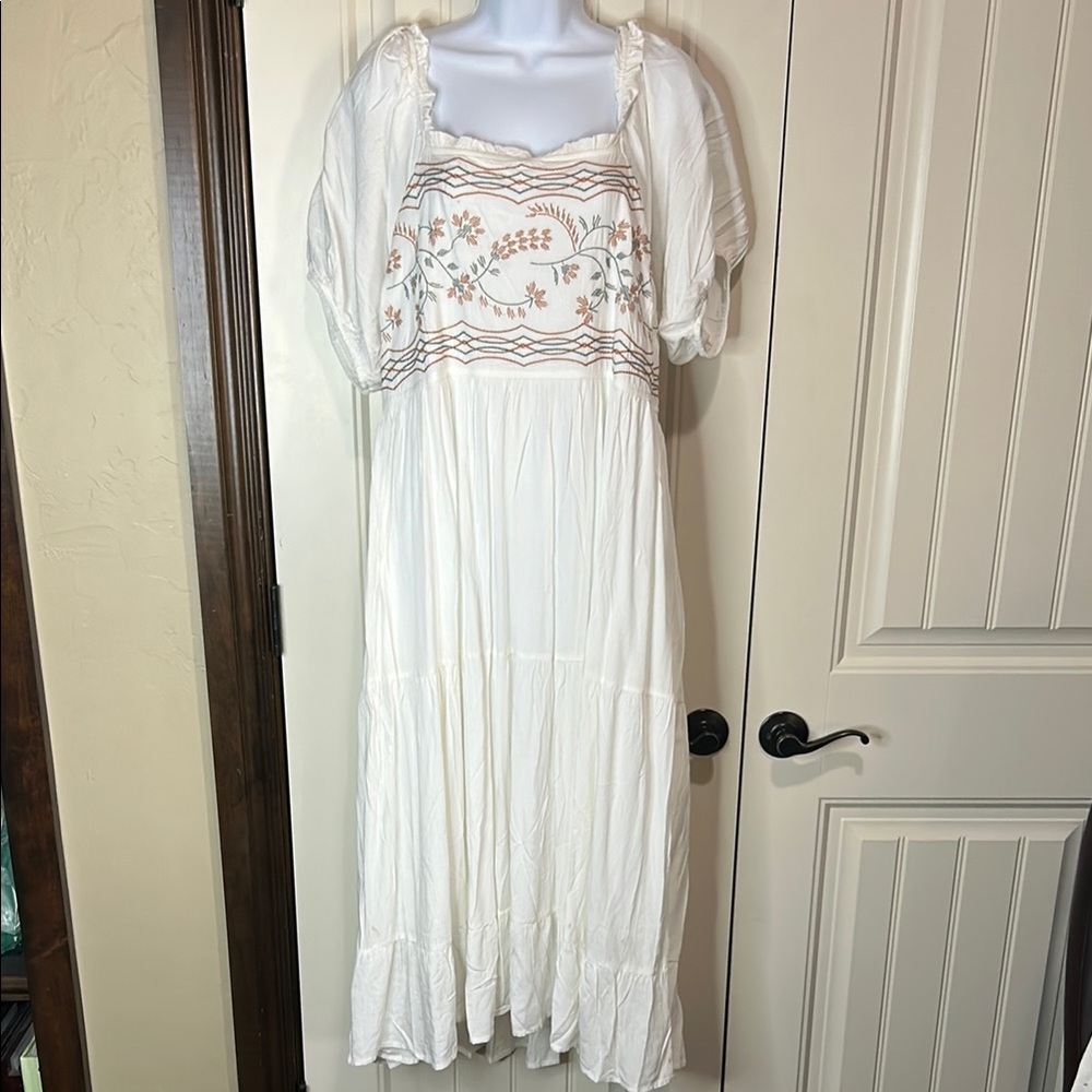 Polagram White Maxi Dress with Tan Embroidery